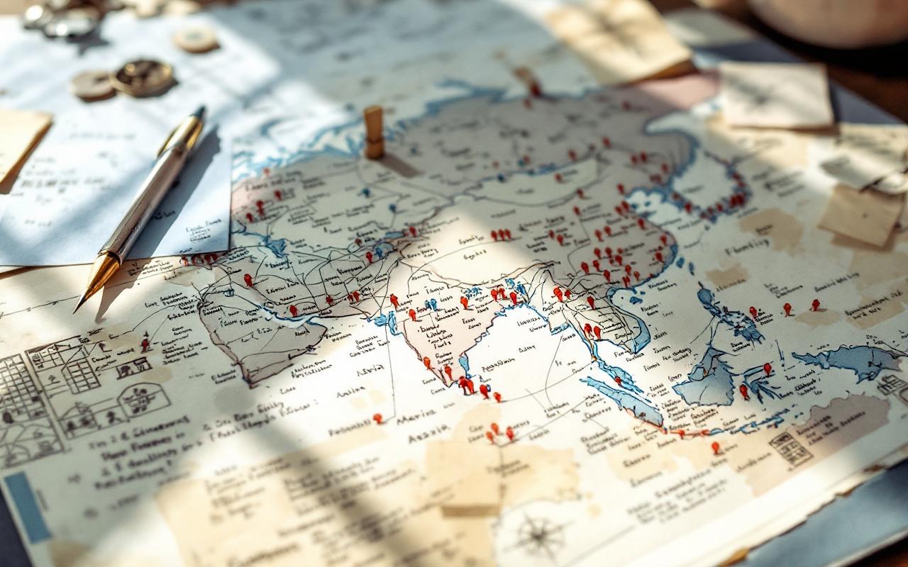 Illustration documentaire d’une carte de l’Asie ouverte, avec des schémas de cultures amoureuses, des notes manuscrites et des symboles familiaux reliés par des lignes fines, sous une lumière naturelle douce.