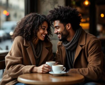 Portrait editorial réaliste d’un couple interculturel assis dans un café en France, échangeant un sourire discret près de deux tasses de café, ambiance sobre et lumineuse.