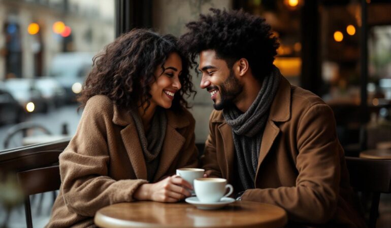 Portrait editorial réaliste d’un couple interculturel assis dans un café en France, échangeant un sourire discret près de deux tasses de café, ambiance sobre et lumineuse.