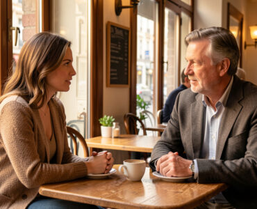 Une femme dans la trentaine échange avec un homme mature dans un café chaleureux en Belgique, dans une atmosphère attentive et conviviale.