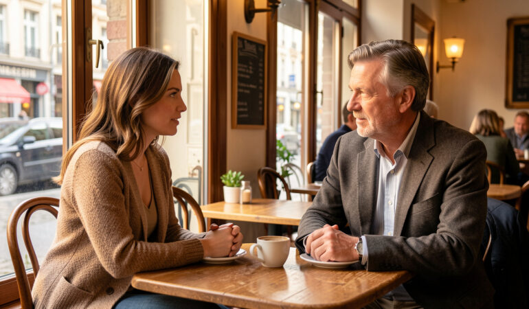 Une femme dans la trentaine échange avec un homme mature dans un café chaleureux en Belgique, dans une atmosphère attentive et conviviale.