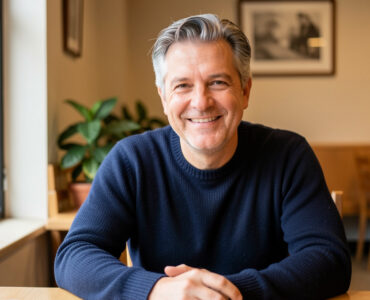 Portrait naturel d’un homme de 50 ans souriant dans un café chaleureux, avec une apparence élégante et discrète.