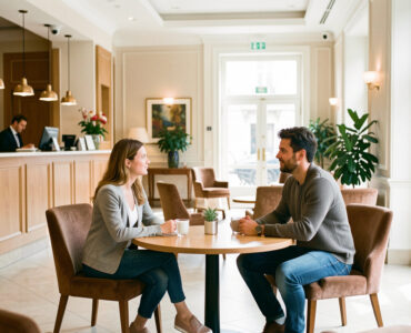 Une femme et un homme se rencontrent dans le hall lumineux et surveillé d’un hôtel à Bruxelles, dans une atmosphère calme et sécurisante.