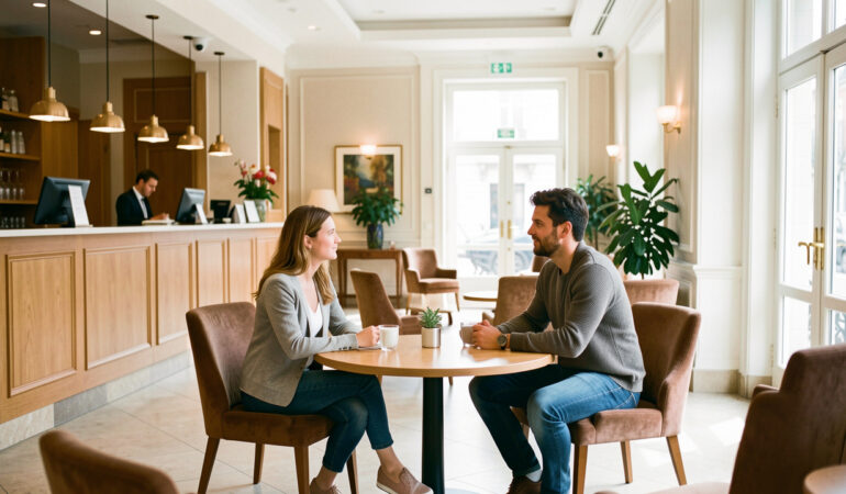 Une femme et un homme se rencontrent dans le hall lumineux et surveillé d’un hôtel à Bruxelles, dans une atmosphère calme et sécurisante.