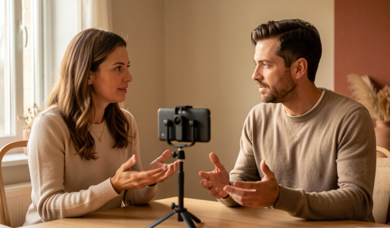 Une femme et un homme adultes échangent calmement près d’une webcam dans un studio chaleureux, dans une atmosphère respectueuse axée sur la communication et le consentement.