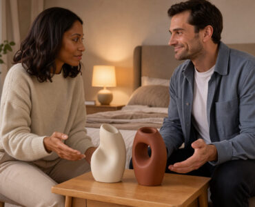 Un homme et une femme échangent avec bienveillance autour de deux objets élégants de bien-être dans une chambre moderne et chaleureuse.
