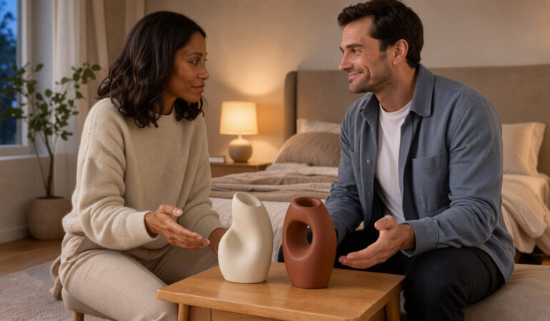 Un homme et une femme échangent avec bienveillance autour de deux objets élégants de bien-être dans une chambre moderne et chaleureuse.