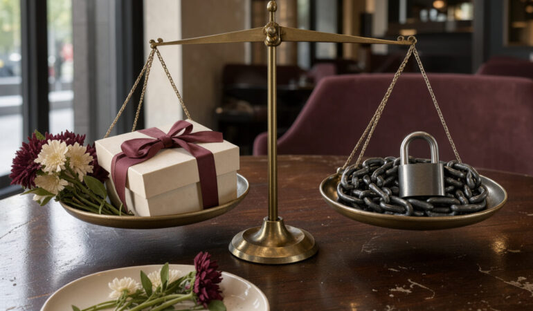 Nature morte symbolique montrant une balance séparant un cadeau élégant et des fleurs d’une chaîne métallique fermée, pour évoquer les limites éthiques dans une relation ambiguë.