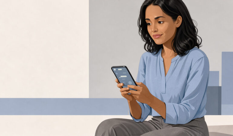 Illustration éditoriale d’une femme adulte réglant la confidentialité de son smartphone, dans une ambiance sobre, moderne et rassurante.