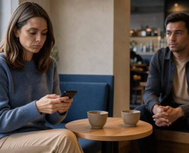 Une jeune femme regarde son téléphone avec une expression réfléchie tandis qu’un jeune homme est assis à distance dans un café lumineux, illustrant une communication distante.