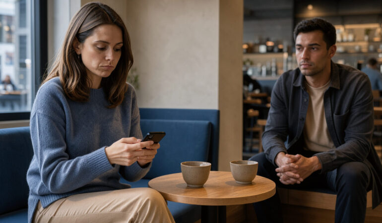 Une jeune femme regarde son téléphone avec une expression réfléchie tandis qu’un jeune homme est assis à distance dans un café lumineux, illustrant une communication distante.